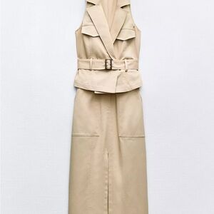 Zara Sleeveless Tan Belted Vest and Skirt Dress